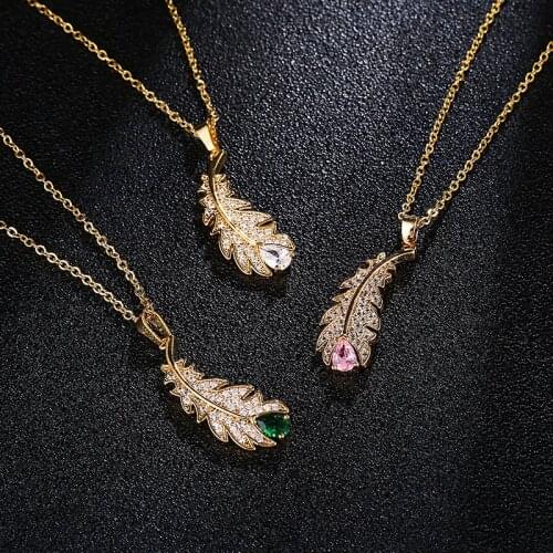 Trend Stainless Steel Chain Copper Inlaid Zircon Crystal Leaf Pendant Necklace For Women Glamour Female Necklace Jewelry Gift