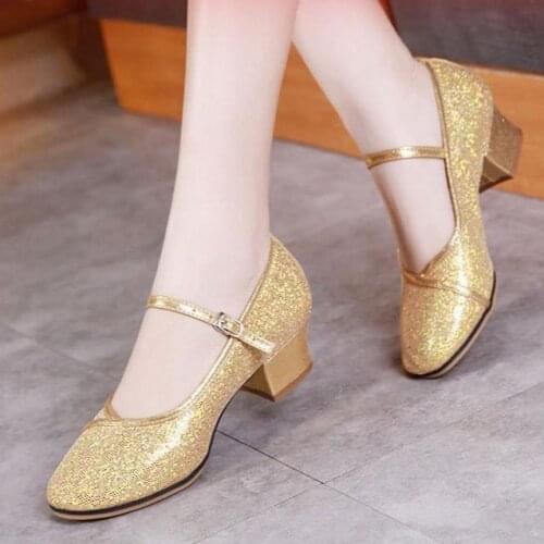 LIHUAMAO bling Fashion women square heel Mary Jane dacning shoes round toe ankle strap ladies high heel pumps women shoes