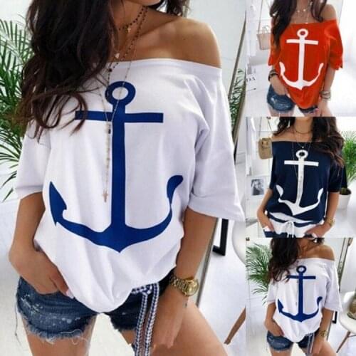 2021 women take off the shoulder shirt summer twill neck bat sleeve shirt casual loose boat neck print short sleeve T-shirt wome