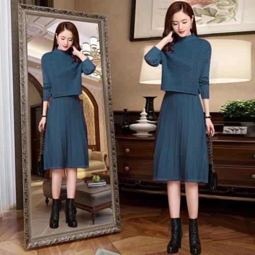 2021 Spring Autumn Knitted 2 Piece Set Women Long Sleeve Round Neck Pullover Sweater Dress + Lady Knitting Sleeveless Vest Suit