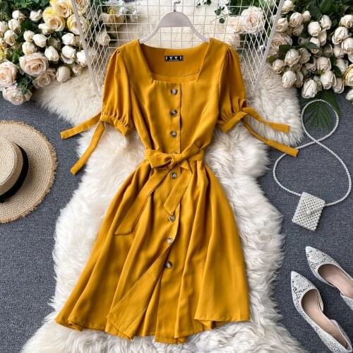 Teeuiear Slim button 2021 Summer Bandage short Dress Party square collar Women vestidos Casual Vestido De Festa A-Line dress
