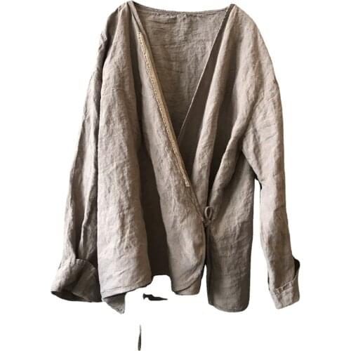 QPFJQD Ladies Loose Solid Color Washed Retro Linen Coats Outerwear Long Sleeve Women Flax Jacket Coat 2021 Autumn Summer