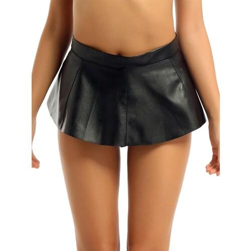 Womens PU Leather Lingerie Mini Skirts High Waist Erotic Sex Costume Front Zipper Pleated Mini Skirt Party Nightwear Clubwear