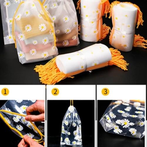10pcs Small Daisy Drawstring Pocket Transparent Matte PE Plastic Cleansing Towel Storage Bag Portable Sundries Waterproof Sack