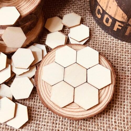 100pcs Wooden Crafts Hexagonal Pieces Ornaments Scrapbooking Crafts Laser Cut Unfinished Wood Embellishment DIY Home Decoration