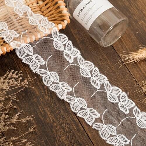 2 yards 80mm wide White Mesh Yarn Leaf Embroidery Trim Organza Ribbon for Diy Craft Curtain Clothing Sewing Accessories