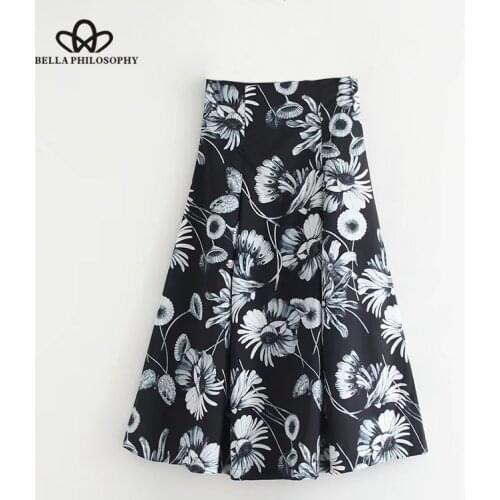 Bella Philosophy 2018 spring women casual print skirt high waist female fashion skirt mid calf women A Line zipper fly skirt