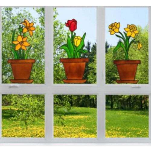 Flower Pot Flower Arrangement Wall Sticker Window Glass Decoration PVC Mural Lilies Tulips Daffodils Flower Pot Window Sticker