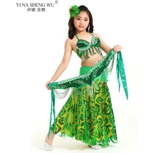 Children Belly Dance Clothing Oriental Dance Outfit Bra Belt 2 pcs Set Professional Kids Belly Dance Performance Costumes New