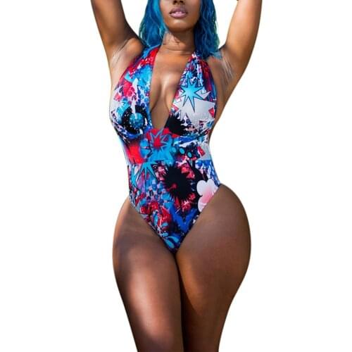 Women’s Sexy Halter One-piece Bikini Personality Printing Stitching Backless Tight Swimsuit One Piece Bikini