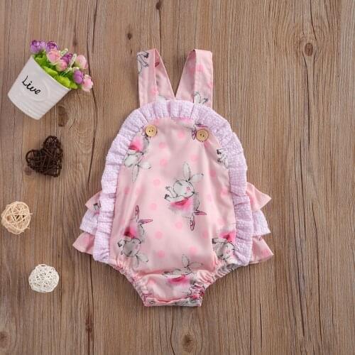 Pudcoco Newborn Babys Romper Toddlers Rabbit Print Pleats Garment Crotch Button Woven Ruffle Romper Pink One-Piece Baby Girl