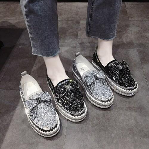 Set Feet Rhinestone Bowknot Exquisite Ladies Casual Sports Shoes Spring And Autumn Thick-Soled Comfortable Single Shoes Fashion