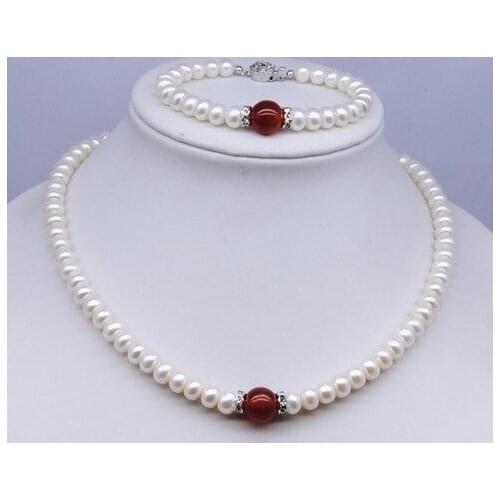 7-8mm Fashion Red Lucky Freshwater Pearl Jewelry Set, Necklace Bracelet Earrings Jewellery Set Accessory Charms