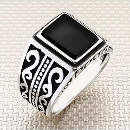 Square Black Onyx Stone Men Silver Ring With Symmetrical Motif Made in Turkey Solid 925 Sterling Silver
