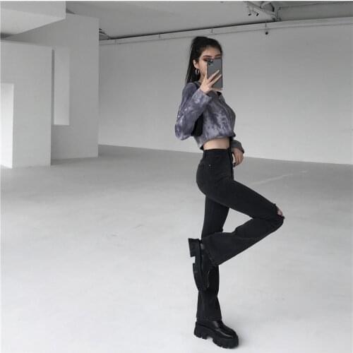 Leixin original retro hot girl fried street horn with hole jeans V-shaped high waist slim slim supermodel bella