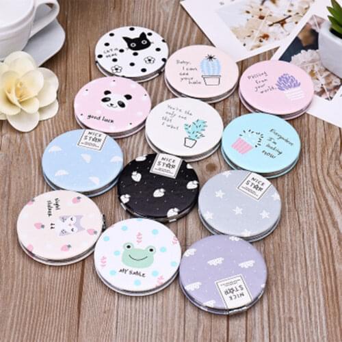Pu Leather Small Round Mirror Round Circle Two-Sided Folding Girls Mirror Portable Cat Plant Print Make Up Mirror