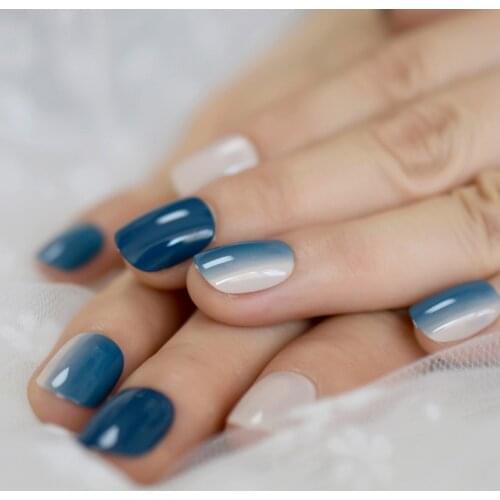 Fashion Artificial Nails Ombre Faux Ongles Blue Nude Gradient Short Daily Decoration Fingernails with Glue tabs 24 Kit