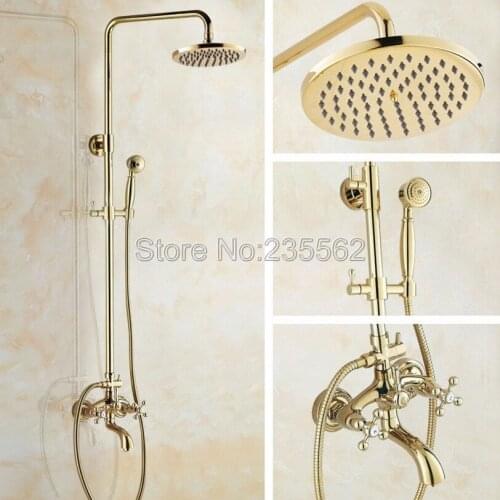 Golden Brass Finish Rain Shower Faucet Set Wall Mounted Bathroom Mixer Taps with Hand Spray + Bath Tub Faucets lgf444