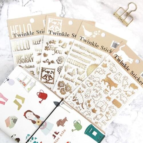 1 Sheet Gold Bling Wish Letters Cats Bird Adhesive Stickers Computer Notebook Hand Account Decor