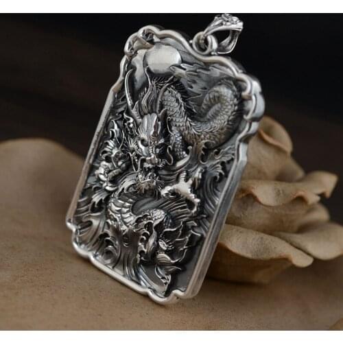 Real 990 Silver Dragon Pendants for Men 925 Silver Jewelry Cool HIP HOP PUNK Square Necklaces NO Chain Thai Silver Pendant