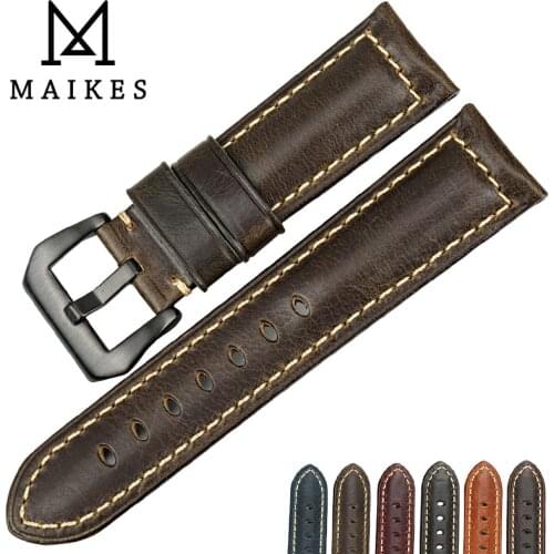 MAIKES New design watchbands Green genuine leather watch strap 20mm 22 24 26mm handmade watch band with black clasp for Panerai