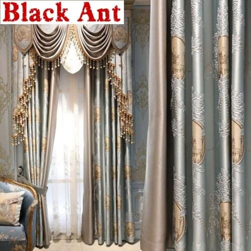 Luxury Manor Villa Bedroom Curtain Blue Smooth Silk Fabric Blackout Curtain Window Drapes Tulle For Living room Cortinas X803F