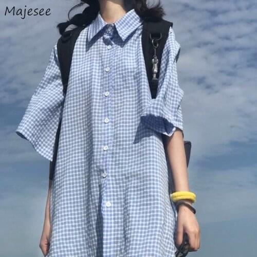 Summer Shirts Women Plaid All-match Fashion Japanese Leisure Turn-down Collar Streetwear College Breathable Simple Female Tops