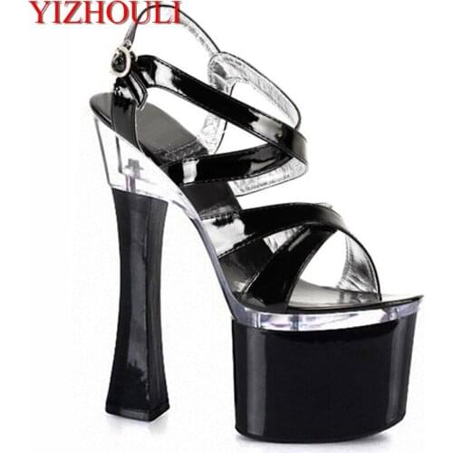 18cm High Heel Sandals Sexy Bridal Shoes Crystal Model Shoes Gladiator With Ankle Strap Pole Dancing Shoes Black/Silver