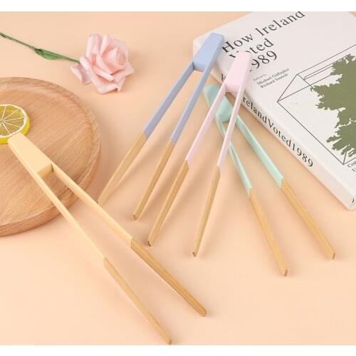 Blue Yellow Bamboo Cooking Kitchen Tongs Food BBQ Tool Salad Bacon Steak Bread 100% Brand New And High Quality