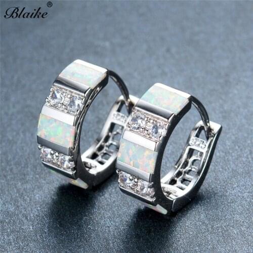 Blaike Fashion White Fire Opal Unique Hoop Earring For Women White Gold Filled White Zircon Wedding Jewelry Birthstone Gifts