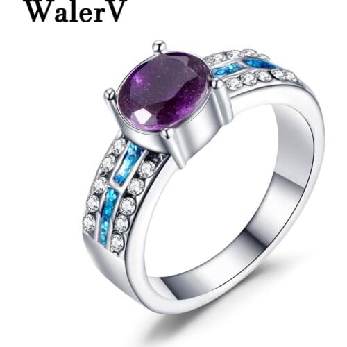 WalerV Color High Quality Imitation Blue Opal Stone Zircon Ring For Womens Set Fashion Oval Purple Crystal Wedding Rings