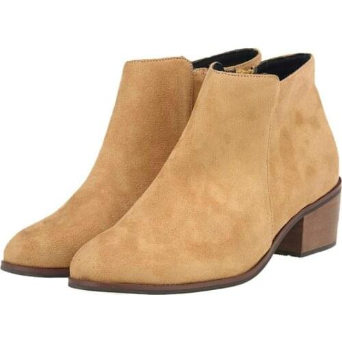 Women Boots Flat Pointed Toe Short Ankle Leather Warm Thick High Heels Female Flock Casual Winter Simple Lady Shoes