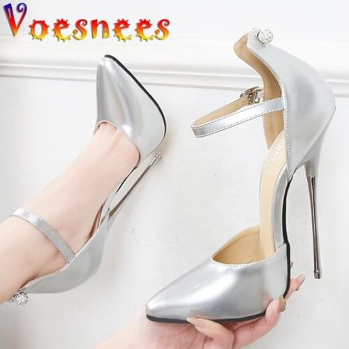 Silver Patent Leather Temperament Women Pumps String Bead Thin High Heels Solid Color Pointed Shoes Wild Pole Dance Women Shoes
