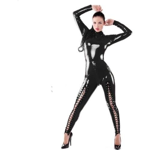 Women Black Sexy PVC Faux Leather Jumpsuit High Neck Long Sleeve Leg Lace-up Wetlook Shiny Leather Pole Dance Bodysuit