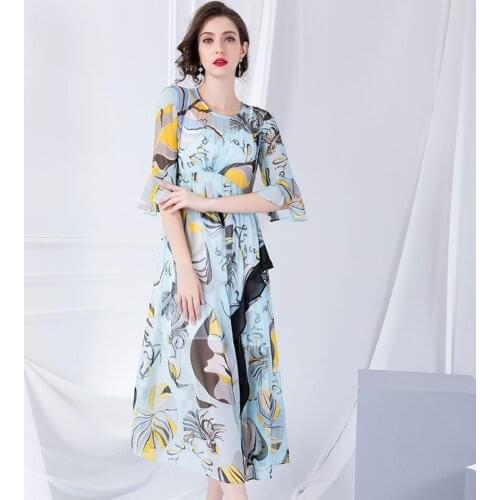 Real silk dresses women natural silk 2019 high quality girls work boho sky blue floral dress slim plus size elegant free ship