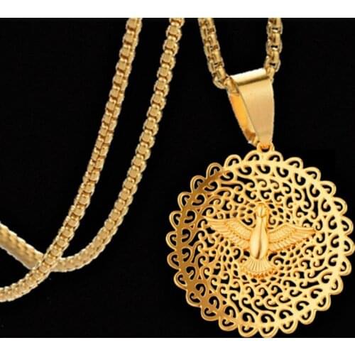 Gold Color Round Hollow Out Peace Dove Pendant Necklace Men Women Box Chain Necklace Punk Gold Necklace Fashion Jewelry