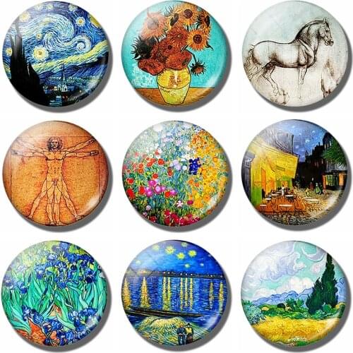 Starry Night Art 30MM Magnetic Refrigerator Stickers Van Gogh Printing Moon Gift Glass Dome Note Holder Fridge Magnet Home Decor