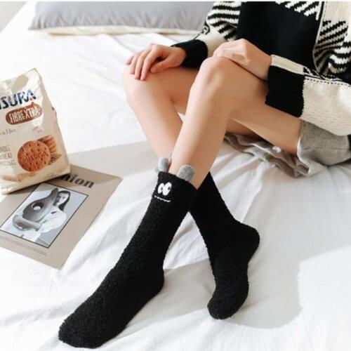 Coral Velvet Socks Female Cartoon Little Monster Embroidery Plus Velvet Snow Floor Socks Ears Home Sleep Socks