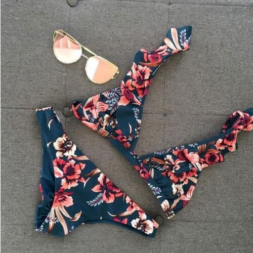 Bikini 2019 Women Floral Print Ruffle Bikini Sets Triangle Push Up Padded Bra Tops Thong Bottoms Swimwear Swimsuit Set