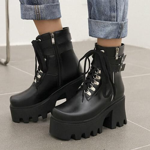 Brand Design Women Martin Boots Fashion Square Toe Zipper Knight Boots Waterproof Platform Lace-up Fall Winter Lady Ankle Boots