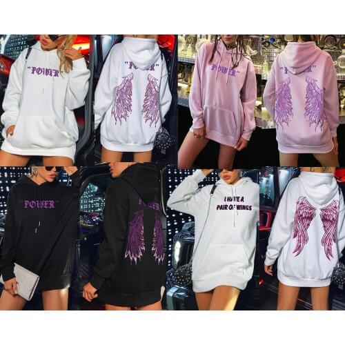 Girls Loose Long Hoodie, Spring Autumn Ladies Leisure Style Creative Letter Wing Printing Long Sleeve Hooded Tops