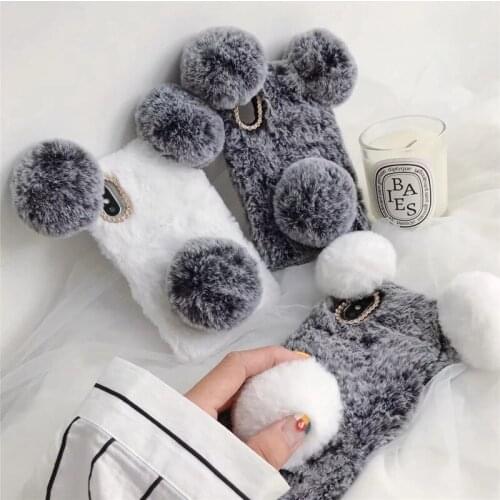 For Galaxy Note 10 S10 M10 M20 A10 A30 A40 A50 3D Panda Cute Case Rabbit Genuine Hair Bling Diamond Fluffy Fur Soft TPU 30pcs