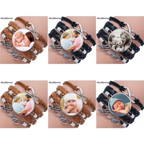 For Women Kids Gift New Brand Jewelry With Glass Cabochon Multilayer Black/Brown Leather Bracelet Bangle Baby Family Photo