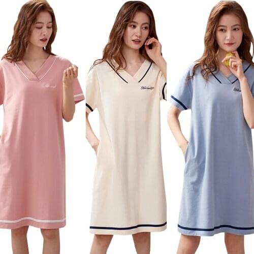 Short-sleeved Womens Sleepwear Cotton Night Gowns Summer Soild Nightgowns Home Wear Lady Sleep Lounge Sleeping Dress M-3XL