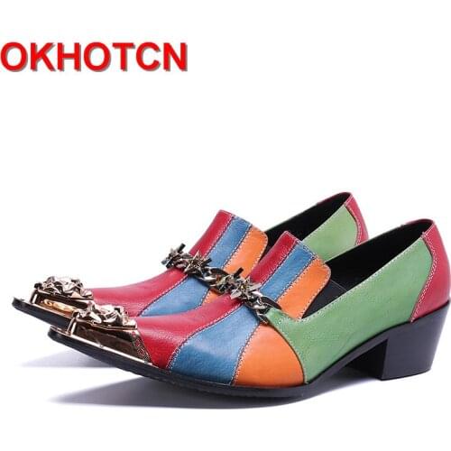 Quality Men Shoes Metal Pointed Toe Italian Shoes Designer Pentagram Leathers Mens Slip Ons Crystal High Heel Shoes Mixed Colors