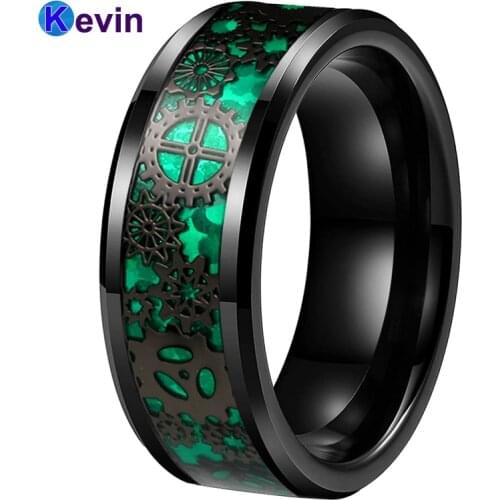 Men Women Green Ring Black Gear Ring Tungsten Wedding Band With Black Mechanical Gear Wheel Green Opal Inlay 6MM 8MM Comfort Fit