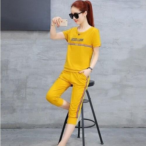 Casual Sports Suit Female Summer 2 Piece Fashion Student Sportswear Short Set Cropped Pants Two-piece Suit Korean Long Suit Tops