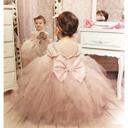 Lovely Pink Girls Pageant Gowns With Sparkly Tulle Flower Girl Dresses Baby Birthday Party Gown