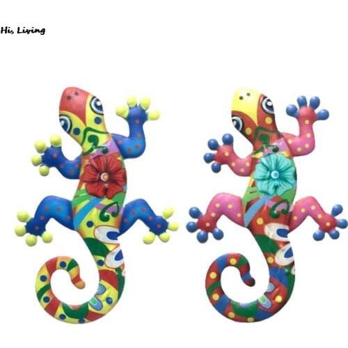 Metal Wall Art Colorful Wrought Iron Lizard Gecko Stylish Decoration Inspirational Sculpture Ornament for Living Room Bedroom