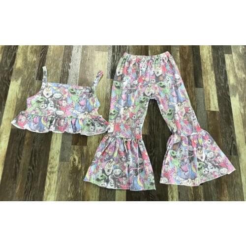 Fashion Kids summer Clothing Baby girl Halloween scary cartoon ghost print padded bell-bottom trouser set with bell-button top